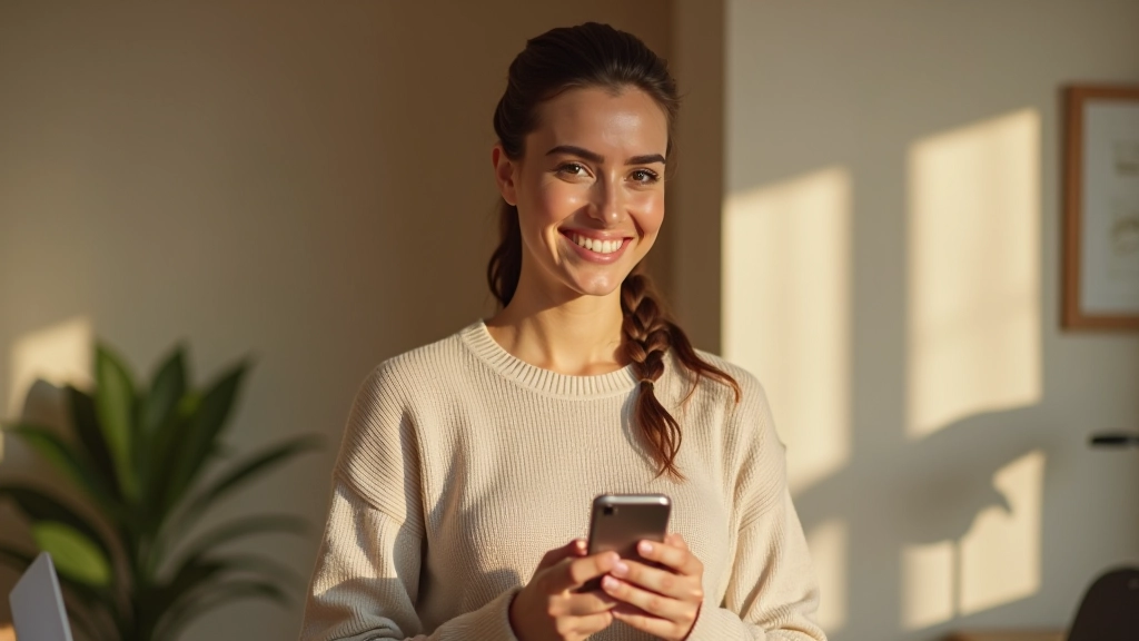 Personne regardant son téléphone avec un sourire, montrant une notification d'alerte budgétaire réussie sur l'écran